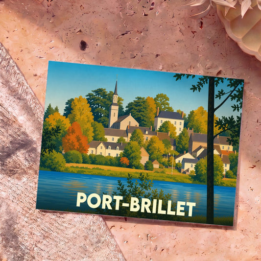 Carte postale souvenir de la ville de Port-Brillet avec une illustration stylisée d'un village en automne au bord de l'eau.