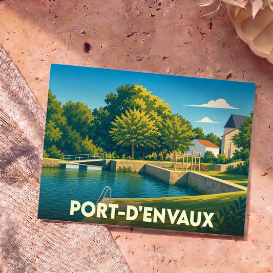 Carte postale souvenir de la ville de Port-d'Envaux avec une illustration stylisée d'un bord de rivière arboré.
