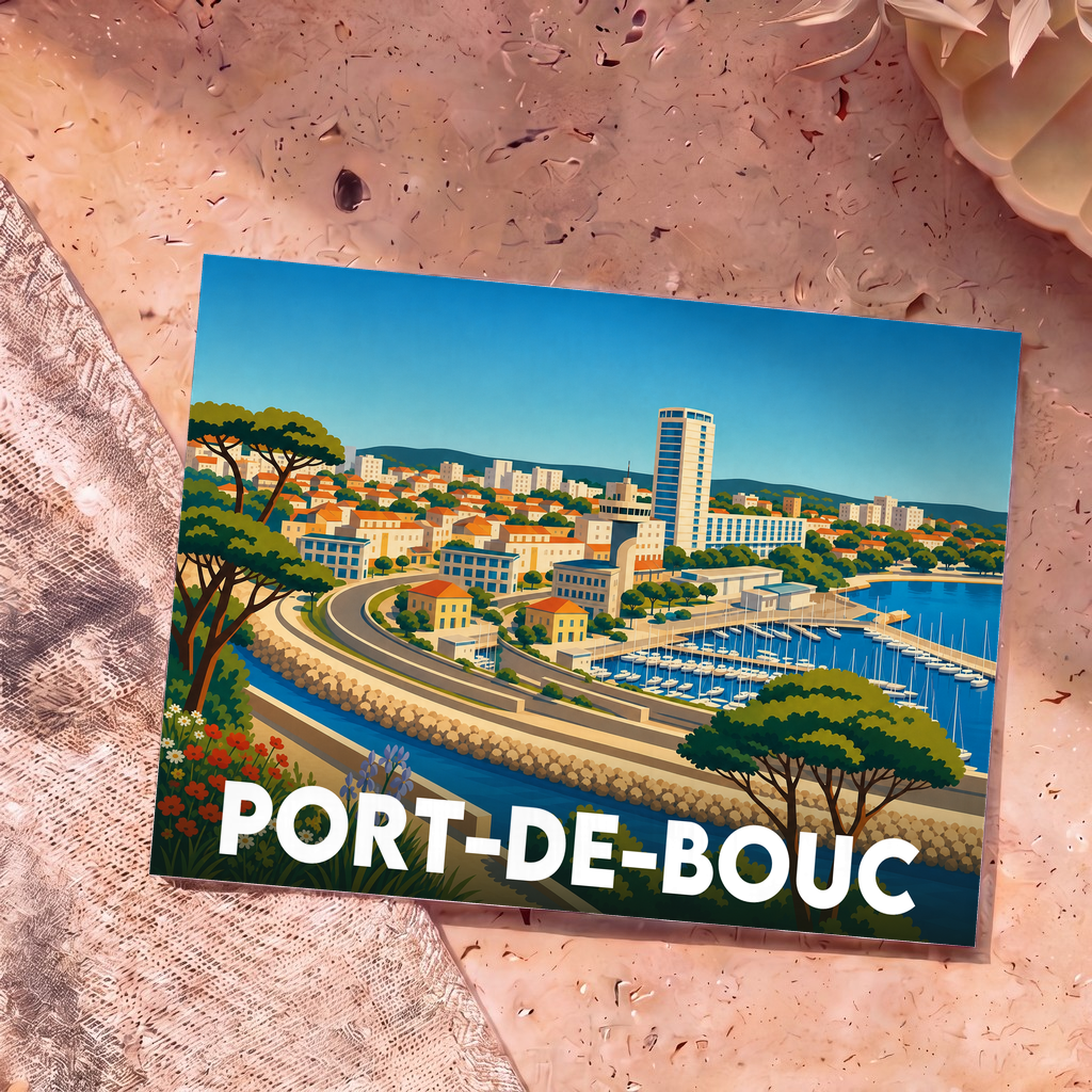 Carte postale souvenir de la ville de Port-de-Bouc avec une illustration stylisée du port et du front de mer.
