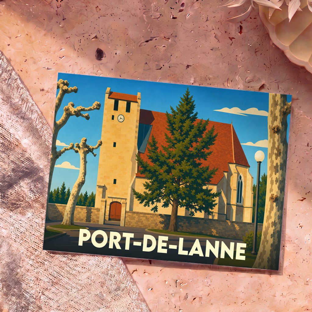 Carte postale souvenir de la ville de Port-de-Lanne avec une illustration stylisée de son église.