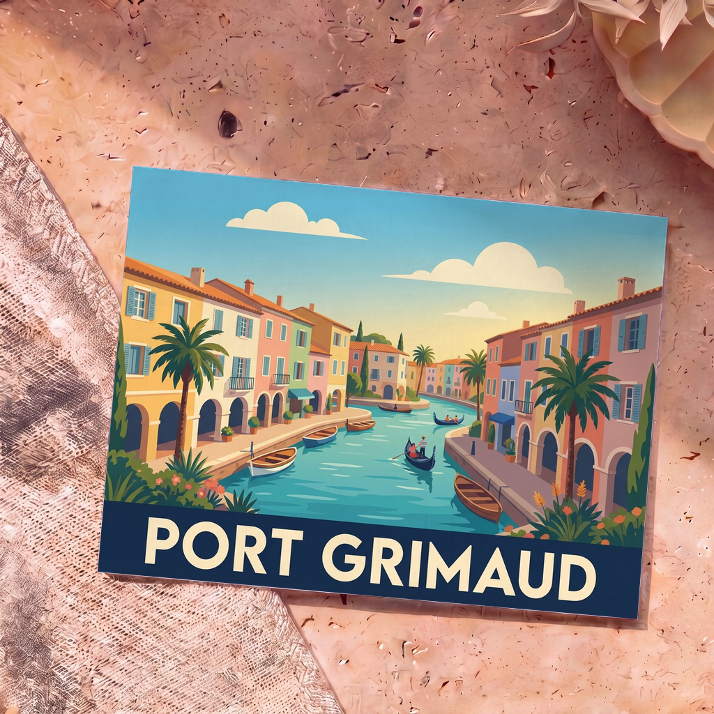 Carte postale souvenir de la ville de Port Grimaud présentant une illustration stylisée et colorée de ses canaux.