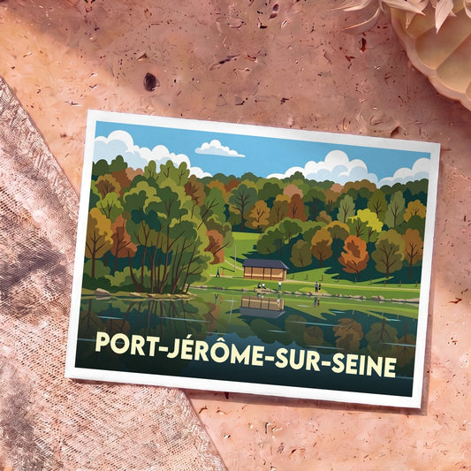Carte postale souvenir de la ville de Port-Jérôme-sur-Seine avec une illustration stylisée d'un paysage arboré au bord de l'eau.