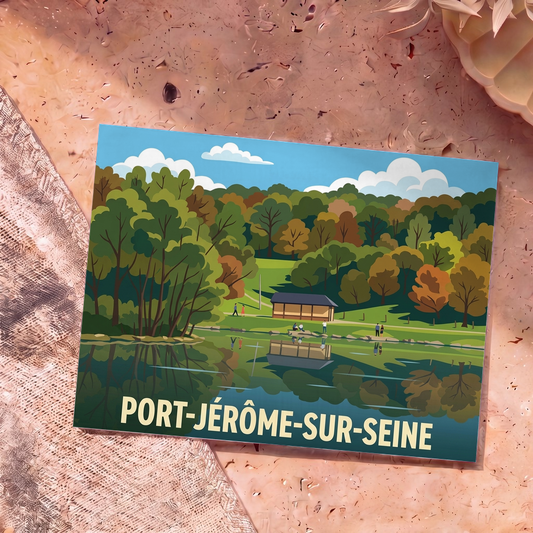 Carte postale souvenir de la ville de Port-Jérôme-sur-Seine avec une illustration stylisée d'un paysage arboré au bord de l'eau.