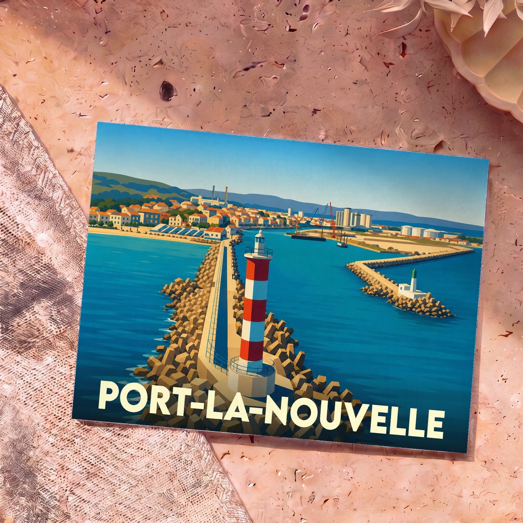 Carte postale souvenir de Port-la-Nouvelle illustrant son phare rayé rouge et blanc et son port dans un style graphique épuré.