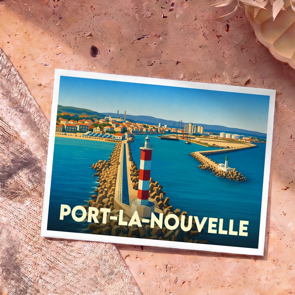 Carte postale souvenir de Port-la-Nouvelle illustrant son phare rayé rouge et blanc et son port dans un style graphique épuré.