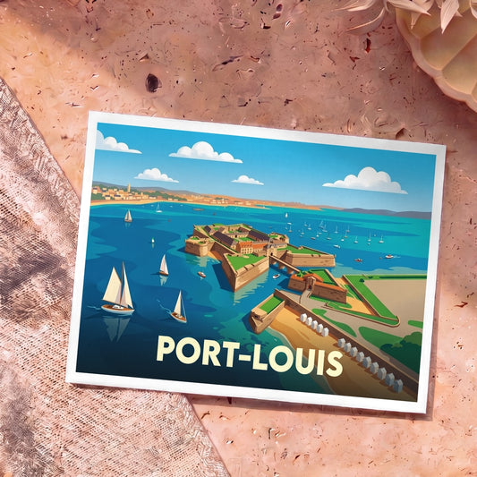 Carte postale souvenir de la ville de Port-Louis avec une illustration stylisée de sa citadelle en bord de mer.
