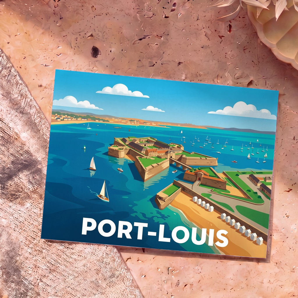 Carte postale souvenir de la ville de Port-Louis avec une illustration stylisée de sa citadelle en bord de mer.