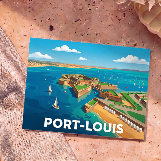 Carte postale souvenir de la ville de Port-Louis avec une illustration stylisée de sa citadelle en bord de mer.