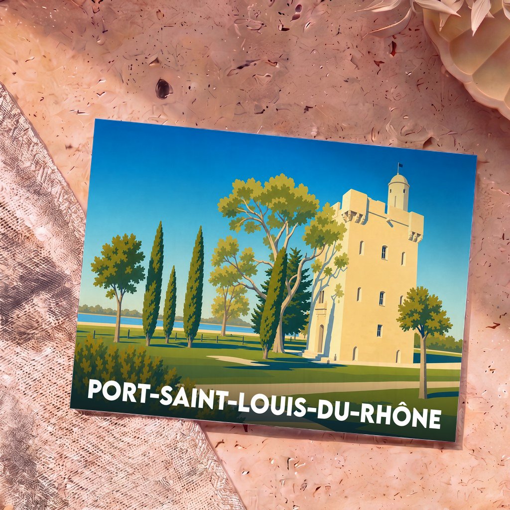 Carte postale souvenir de la ville de Port-Saint-Louis-du-Rhône avec une illustration stylisée de la Tour Saint-Louis.