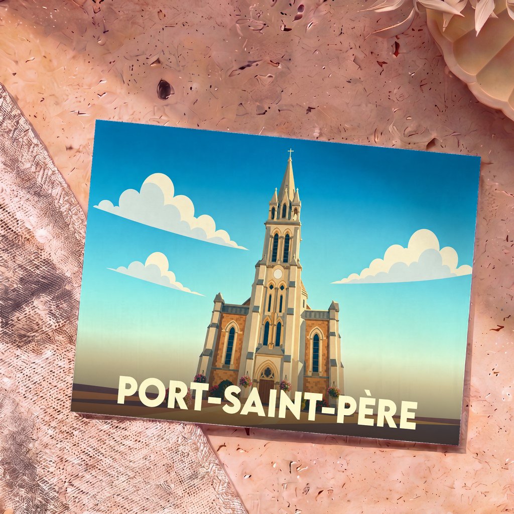 Carte postale souvenir de la ville de Port-Saint-Père illustrant son église dans un style graphique épuré.