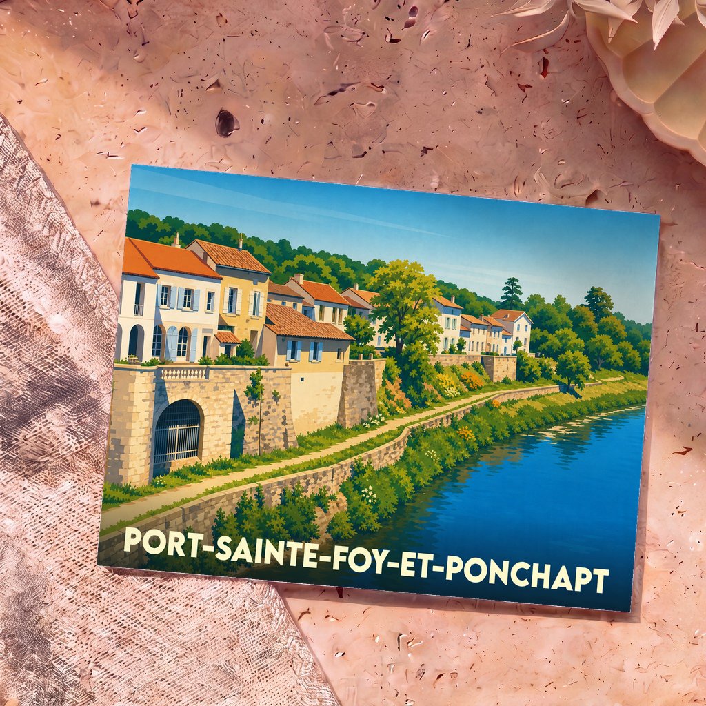 Carte postale souvenir de la ville de Port-Sainte-Foy-et-Ponchapt avec une illustration colorée et stylisée de ses quais en bord de rivière.