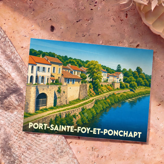Carte postale souvenir de la ville de Port-Sainte-Foy-et-Ponchapt avec une illustration colorée et stylisée de ses quais en bord de rivière.