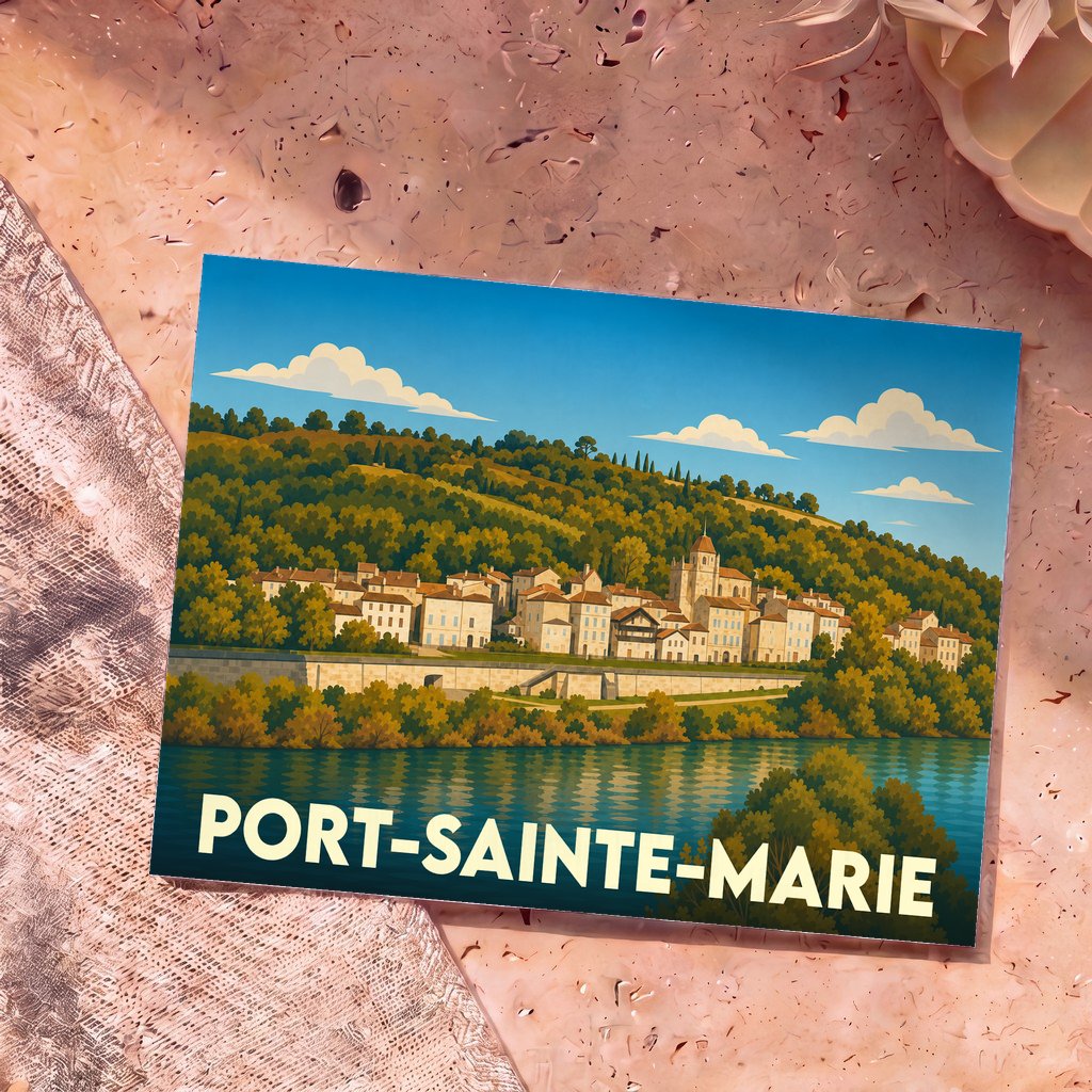 Carte postale souvenir de la ville de Port-Sainte-Marie avec une illustration stylisée.