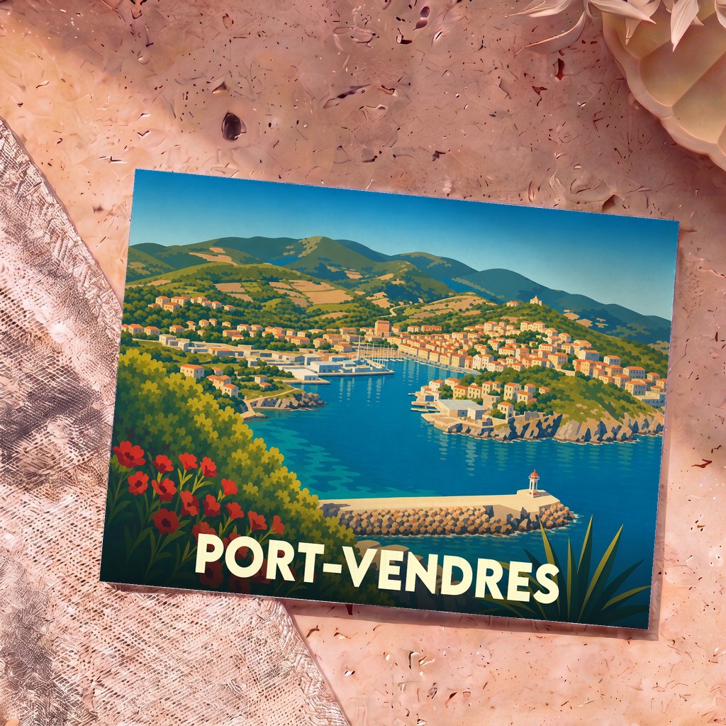 Carte postale souvenir de la ville de Port-Vendres présentant une illustration stylisée de son port et de ses collines.