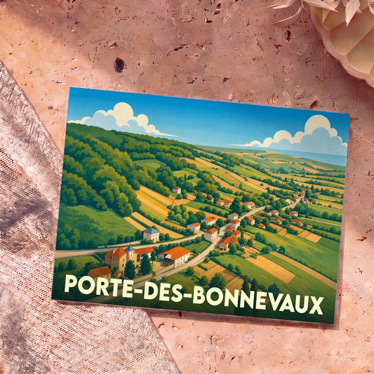 Carte postale souvenir de la commune de Porte-des-Bonnevaux arborant une illustration stylisée de son paysage rural.