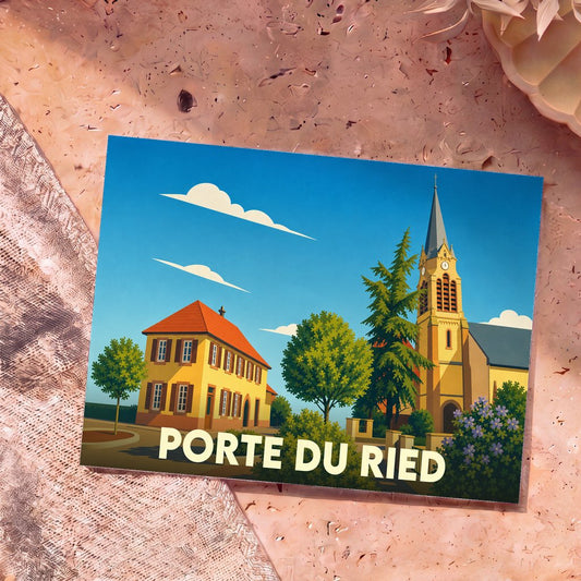 Carte postale souvenir de la ville de Porte du Ried présentant une illustration stylisée de son église et de ses maisons traditionnelles.