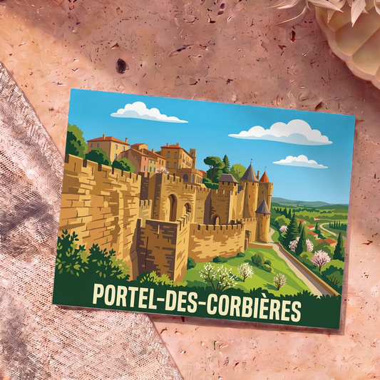 Carte postale souvenir de la ville de Portel-des-Corbières avec une illustration stylisée d'une cité médiévale fortifiée.