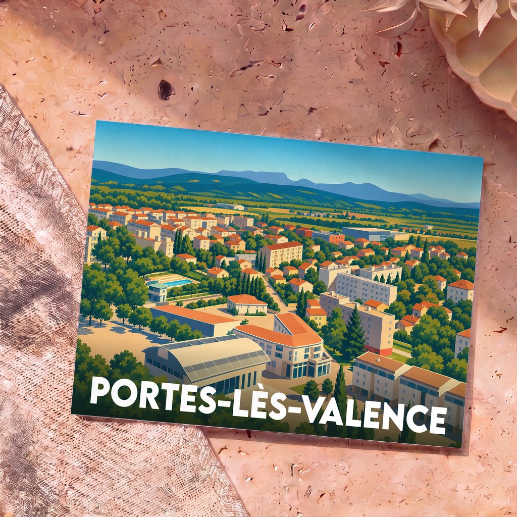 Carte postale souvenir de la ville de Portes-lès-Valence avec une illustration stylisée en vue aérienne.