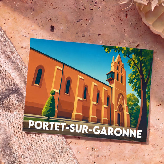 Carte postale souvenir de la ville de Portet-sur-Garonne avec une illustration stylisée de son église en briques.