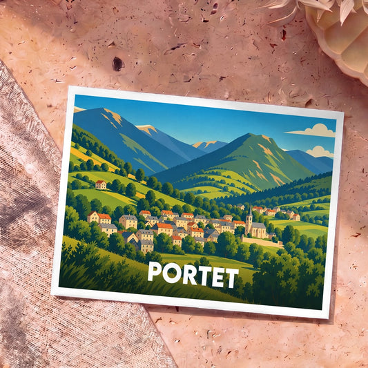 Carte postale souvenir de la ville de Portet avec une illustration stylisée d'un village de montagne.