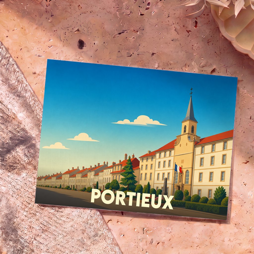 Carte postale souvenir de la ville de Portieux avec une illustration stylisée de ses bâtiments et de son église.