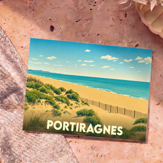 Carte postale souvenir de la ville de Portiragnes illustrant une plage sauvage et ses dunes.