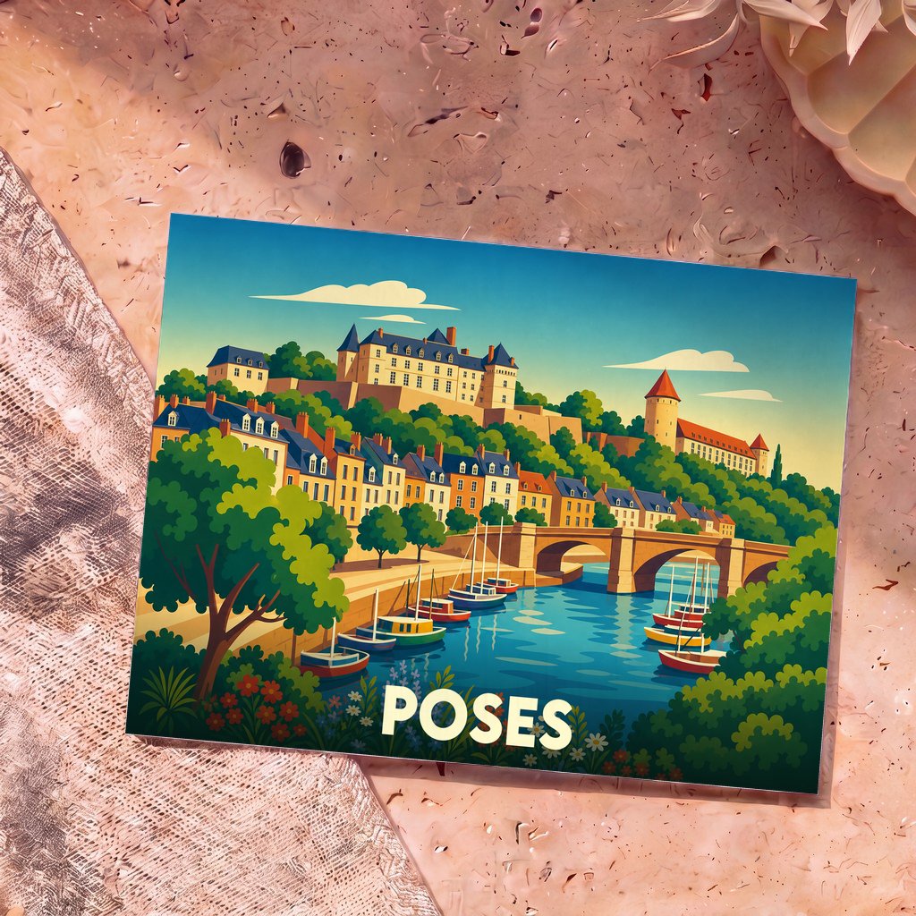 Carte postale souvenir de la ville de Poses avec une illustration stylisée d'un paysage fluvial et de son architecture.