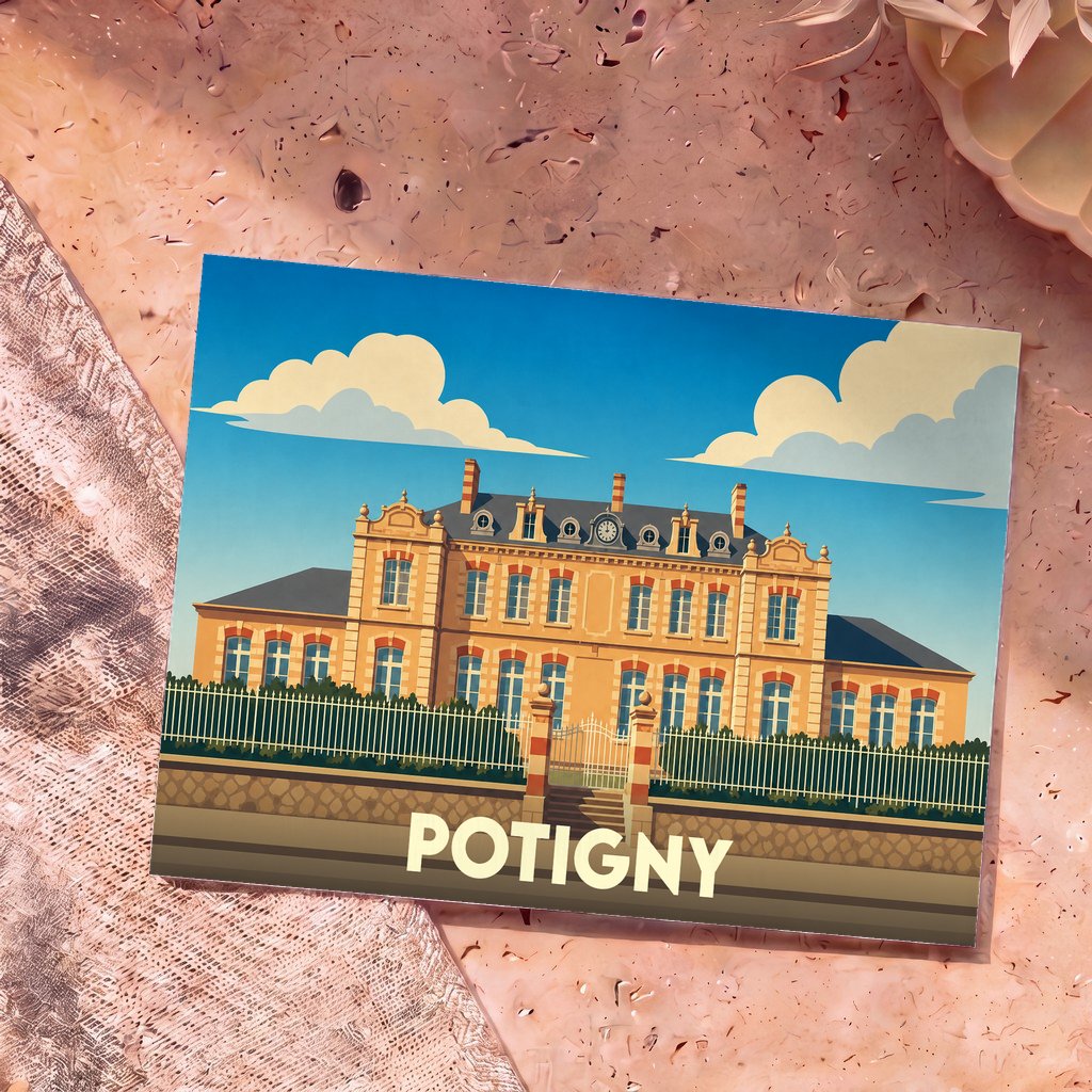 Carte postale souvenir de la ville de Potigny avec une illustration stylisée de son hôtel de ville sous un ciel nuageux.