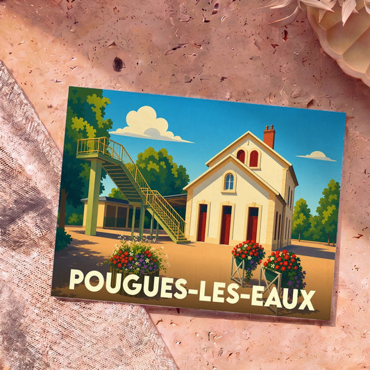 Carte postale souvenir de la ville de Pougues-les-Eaux représentant sa gare dans un style illustré et coloré.