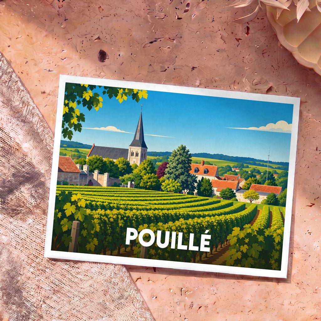 Carte postale souvenir de la ville de Pouillé avec une illustration stylisée de son église et de ses vignobles.