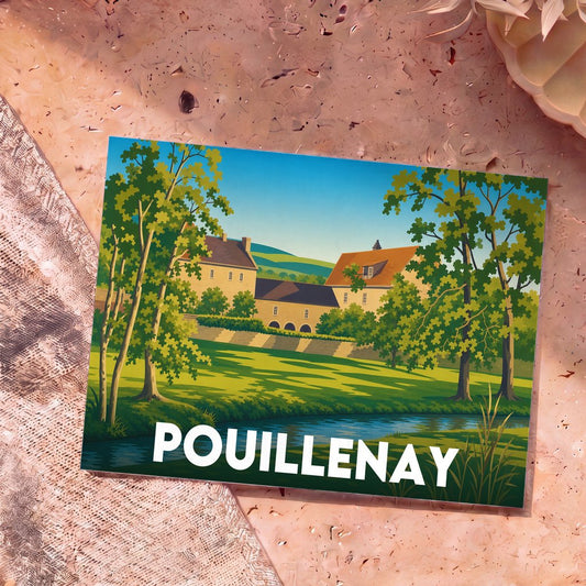 Carte postale souvenir de la ville de Pouillenay avec une illustration paysagère stylisée.
