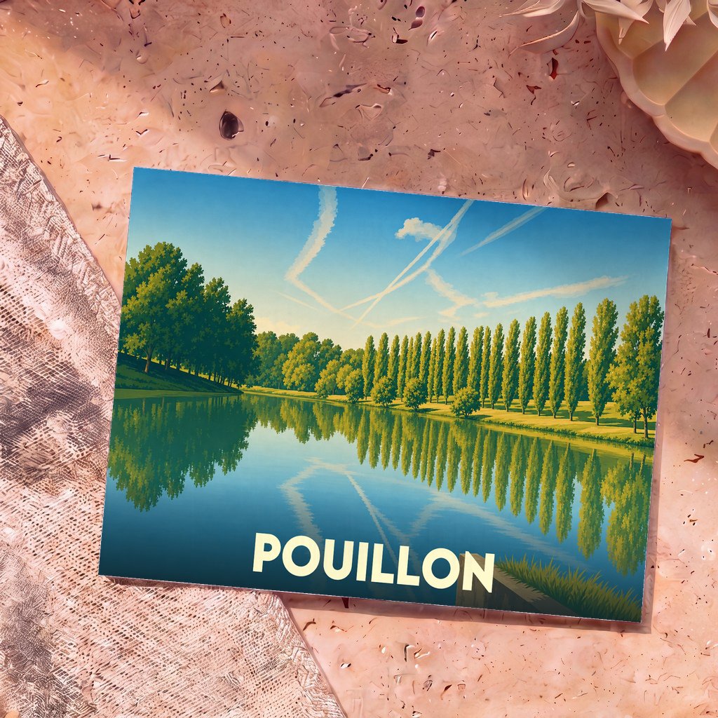 Carte postale souvenir de la ville de Pouillon illustrant un paysage de lac et de peupliers au style graphique épuré.