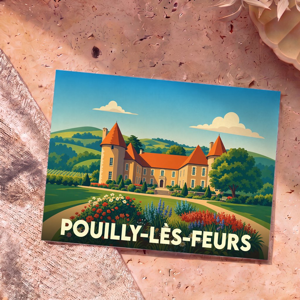 Carte postale souvenir de Pouilly-lès-Feurs illustrant un château entouré de jardins et de collines dans un style graphique épuré.