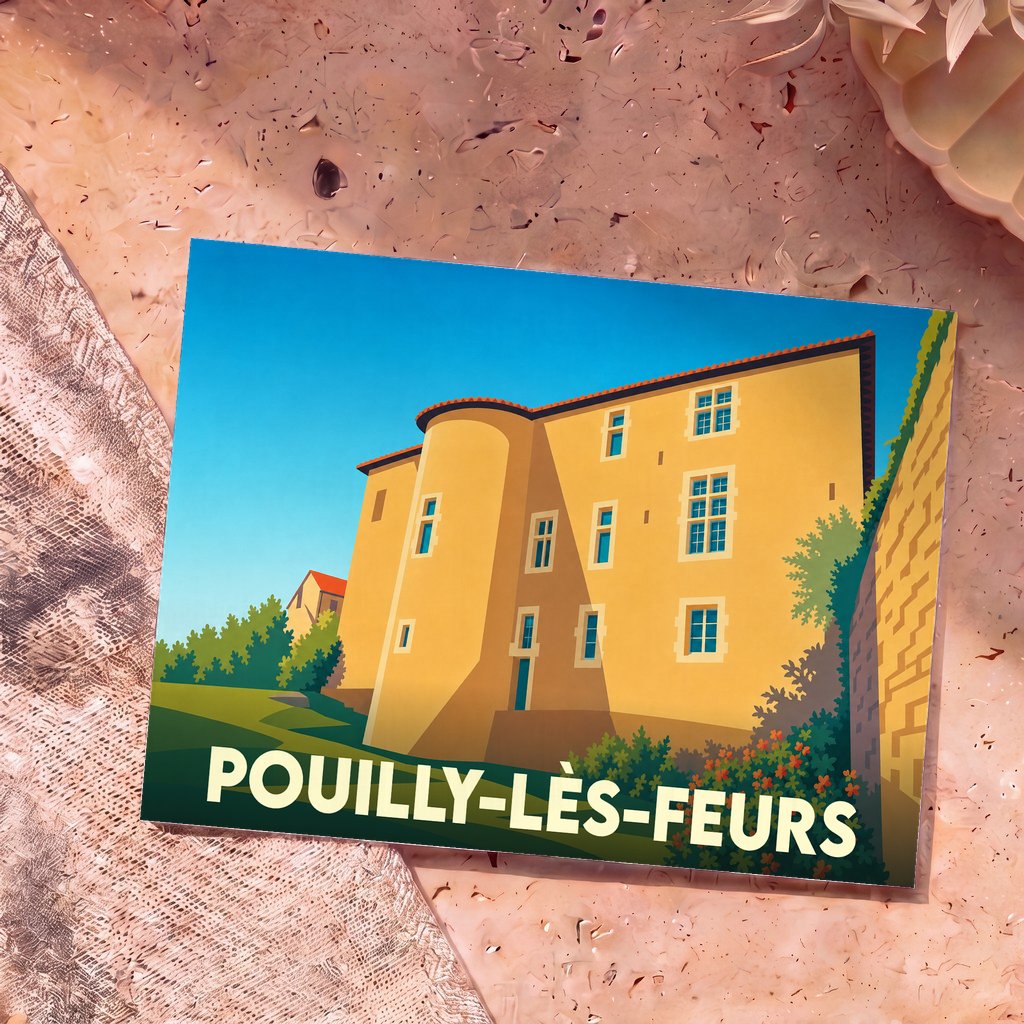 Carte postale souvenir de la ville de Pouilly-lès-Feurs avec une illustration stylisée d'un château.