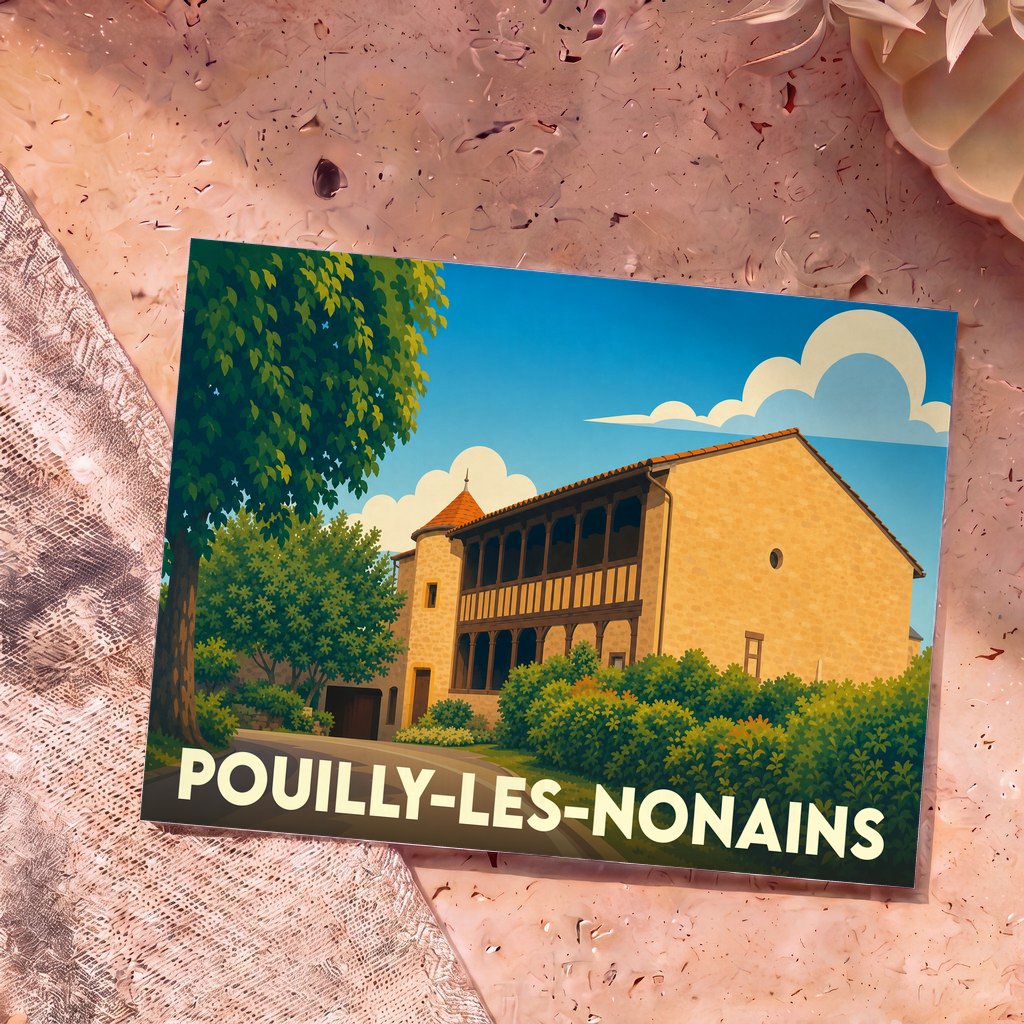 Carte postale souvenir de la ville de Pouilly-les-Nonains avec une illustration stylisée d'un bâtiment historique.