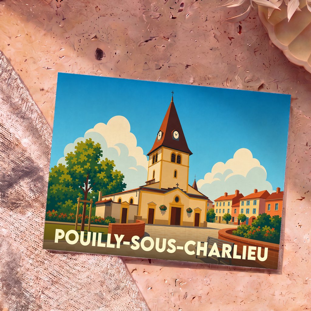 Carte postale souvenir de Pouilly-sous-Charlieu illustrant son église et son village dans un style graphique épuré.