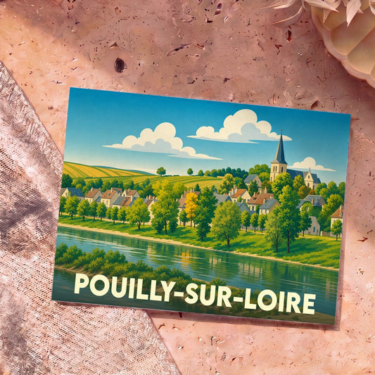 Carte postale souvenir de la ville de Pouilly-sur-Loire avec une illustration stylisée d'un village en bord de Loire.