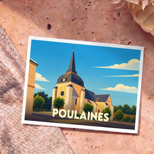 Carte postale souvenir de la ville de Poulaines avec une illustration stylisée de son église sous un ciel bleu.