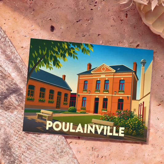 Carte postale souvenir de la ville de Poulainville illustrant sa mairie dans un style graphique épuré.