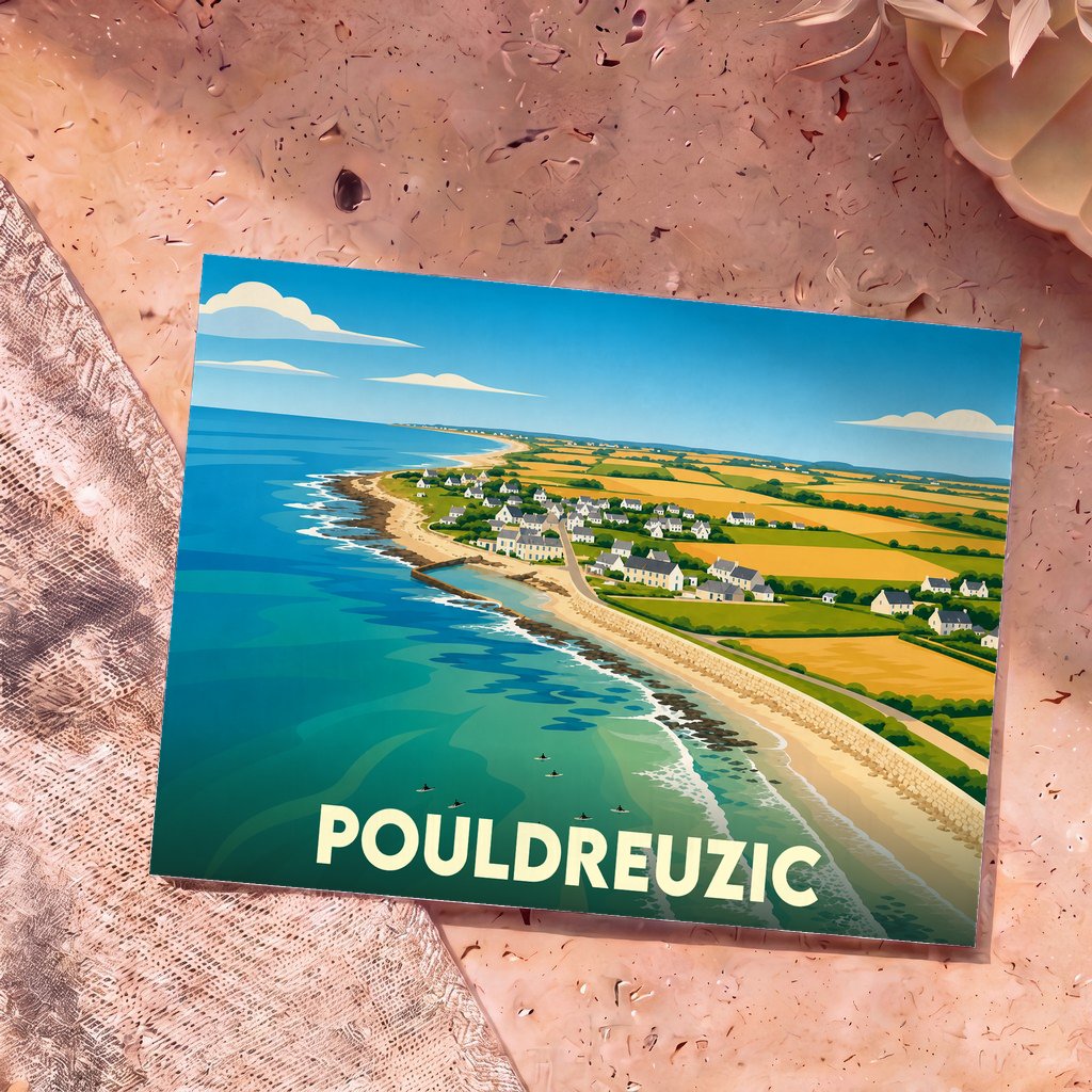 Carte postale souvenir de la ville de Pouldreuzic illustrée d'un paysage côtier stylisé.