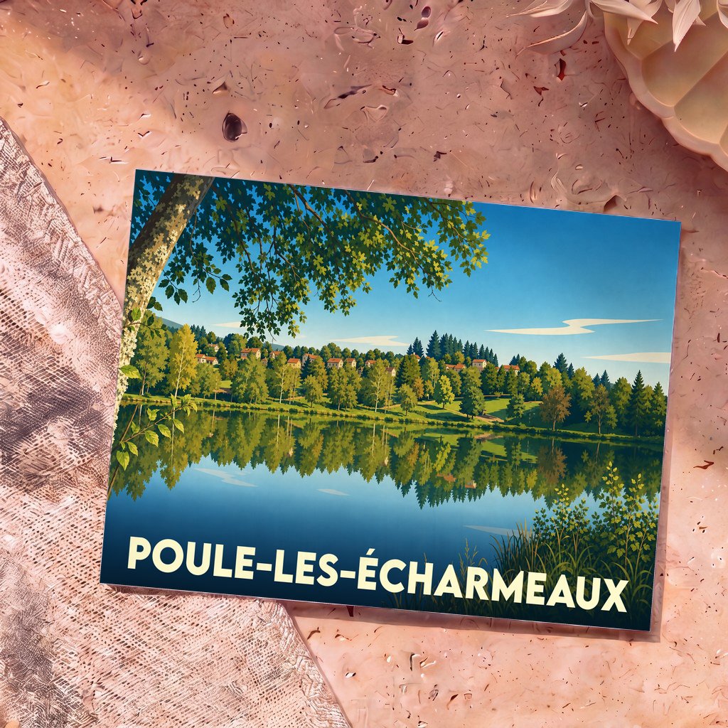 Carte postale souvenir de la ville de Poule-les-Écharmeaux avec une illustration stylisée d'un lac bordé de forêt.