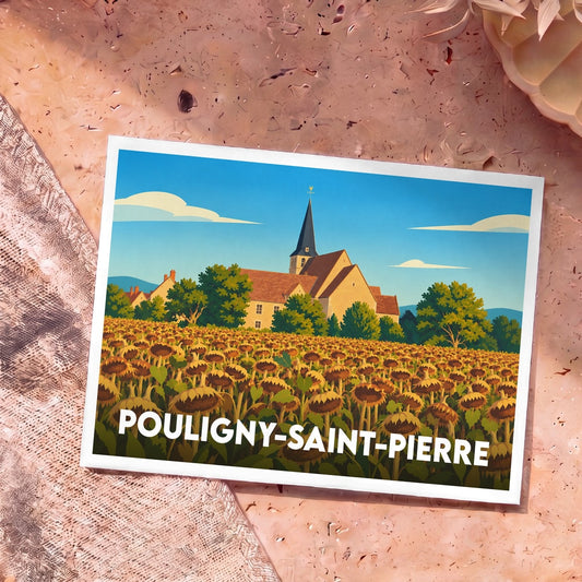 Carte postale souvenir de la ville de Pouligny-Saint-Pierre avec une illustration stylisée d'un champ de tournesols et de son église.