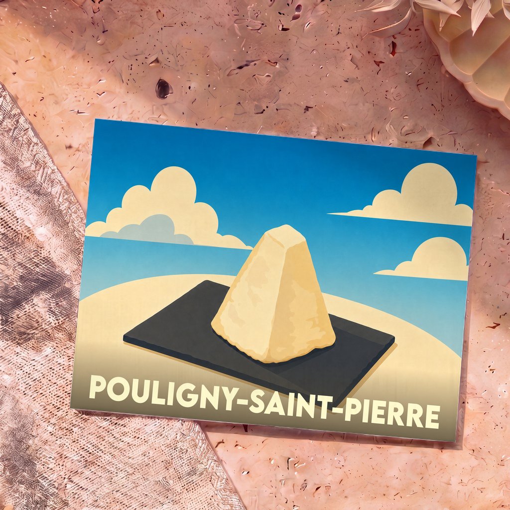 Carte postale souvenir de Pouligny-Saint-Pierre illustrant son fromage emblématique sous forme de pyramide stylisée.