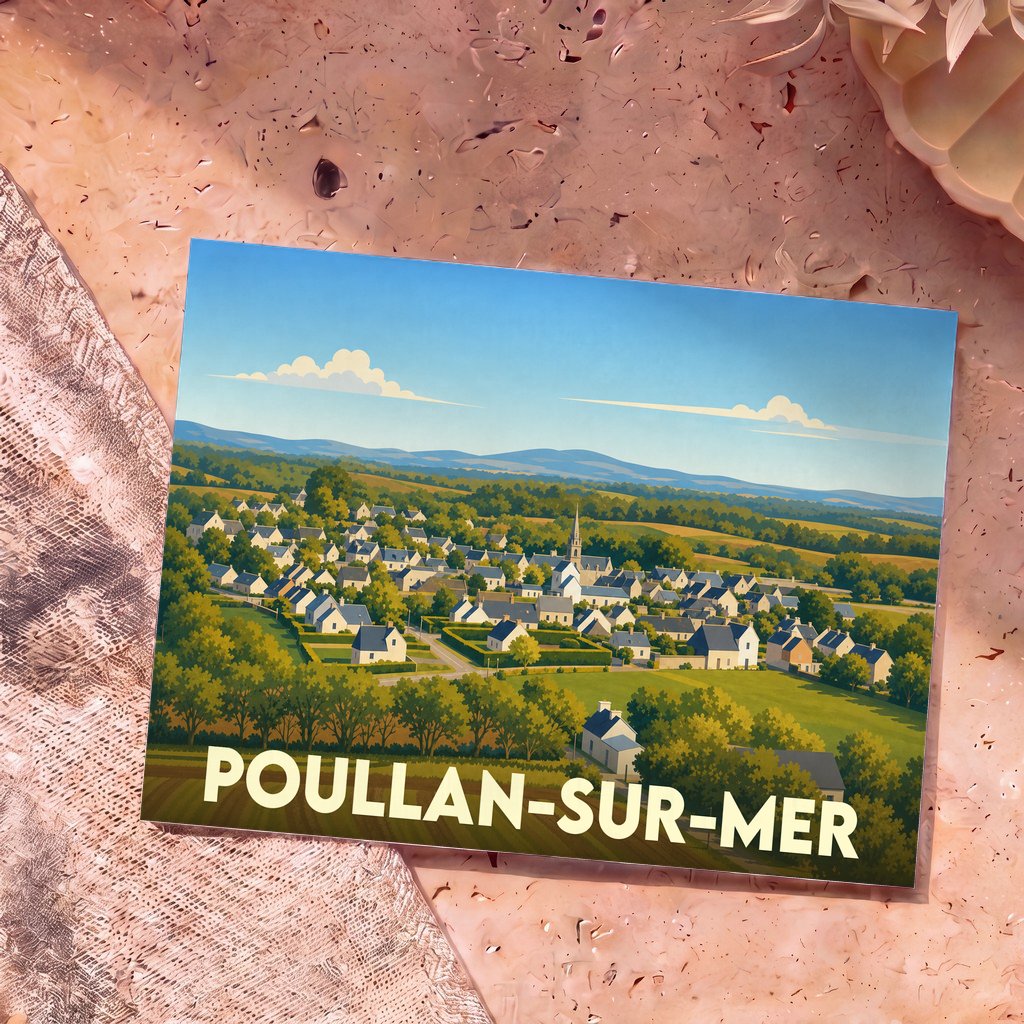 Carte postale souvenir de la ville de Poullan-sur-Mer avec une illustration stylisée d'un village verdoyant.