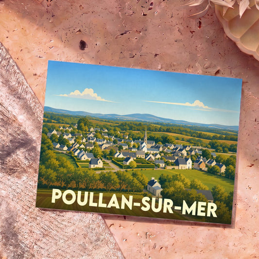 Carte postale souvenir de la ville de Poullan-sur-Mer avec une illustration stylisée d'un village verdoyant.