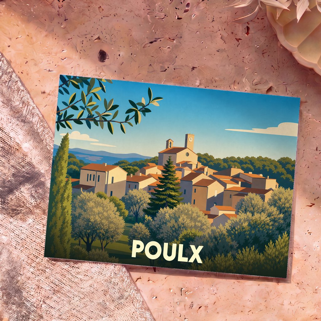 Carte postale souvenir de la ville de Poulx présentant une illustration stylisée d'un village provençal niché dans la végétation.