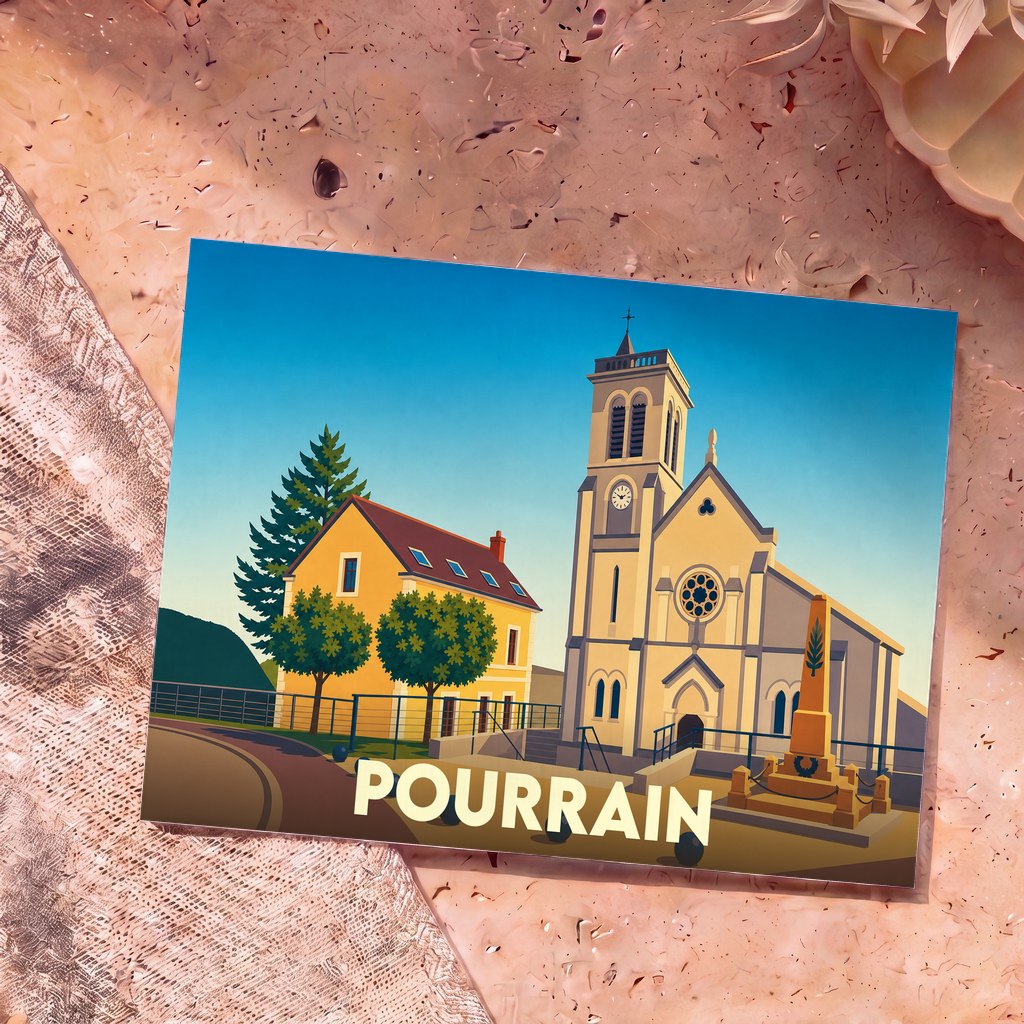 Carte postale souvenir de la ville de Pourrain illustrant son église et son monument aux morts dans un style épuré.