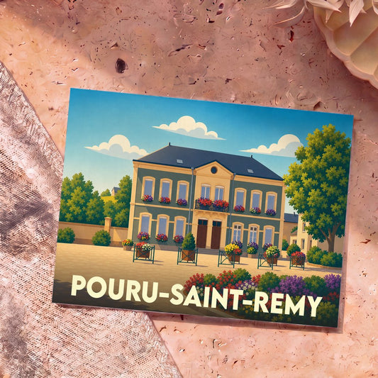 Carte postale souvenir de la ville de Pouru-Saint-Rémy avec une illustration stylisée d'un bâtiment fleuri.