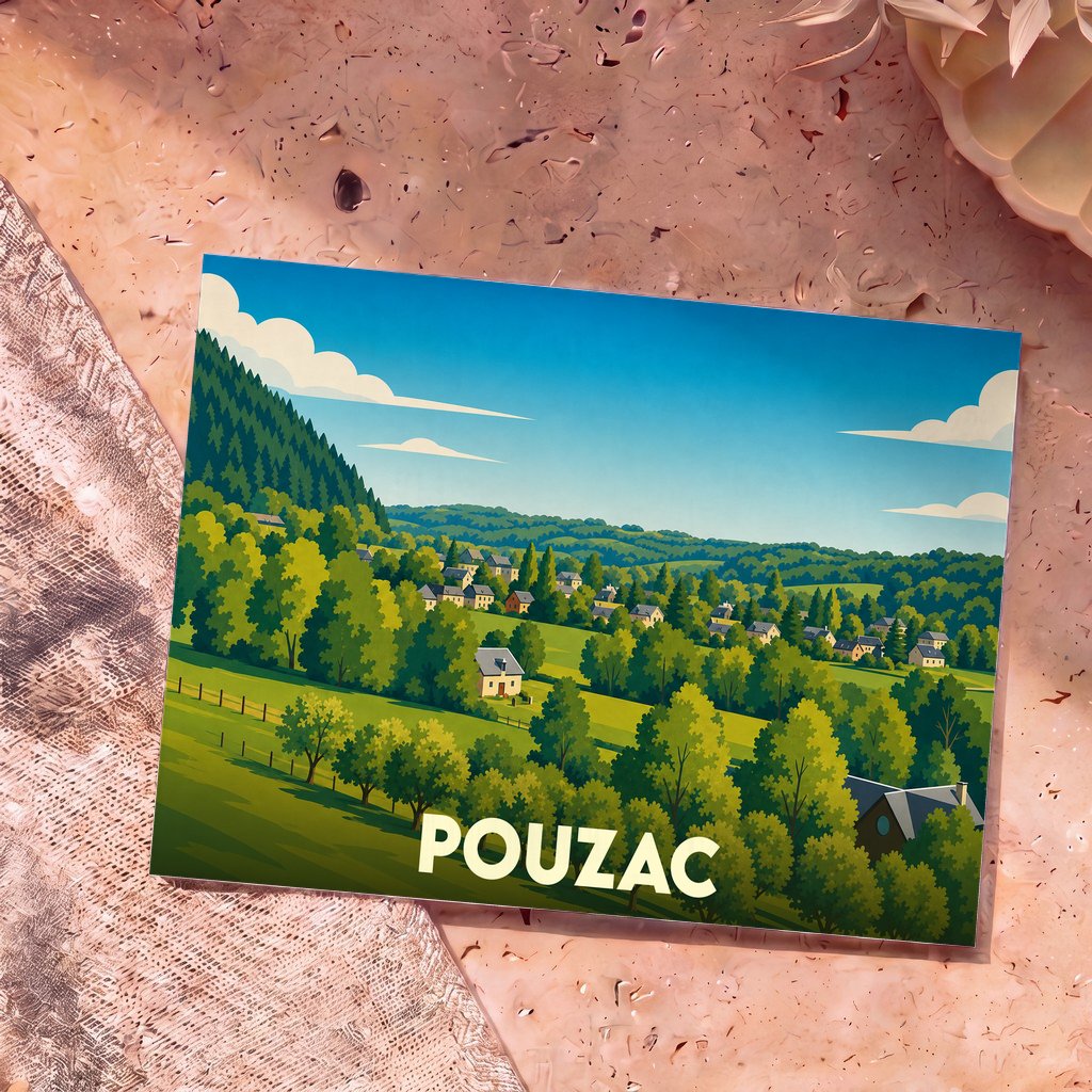 Carte postale souvenir de la ville de Pouzac illustrant un paysage de campagne vallonné au style épuré.