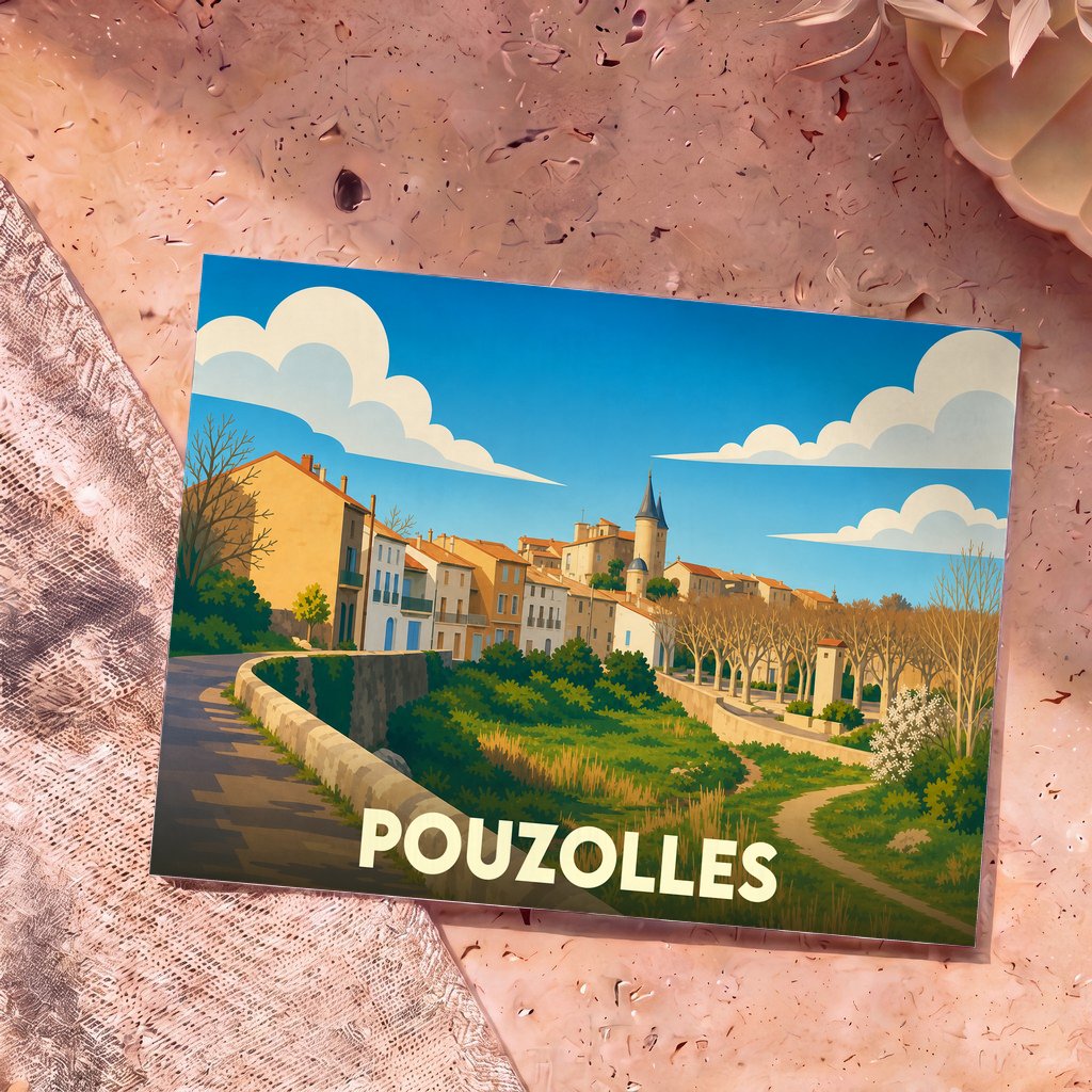 Carte postale souvenir de la ville de Pouzolles avec une illustration stylisée et colorée.